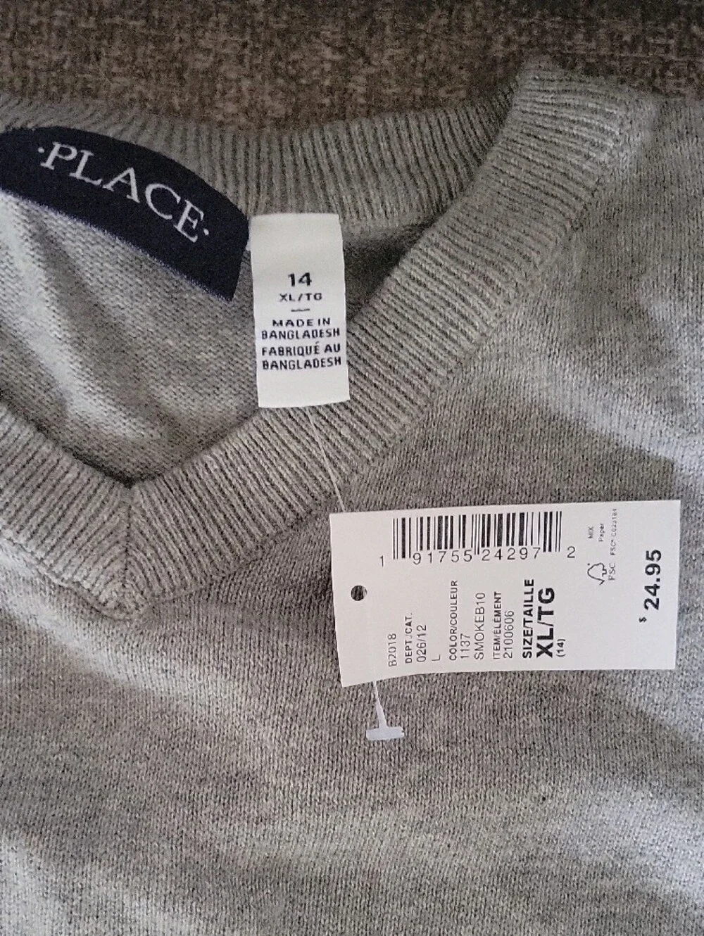 The Children's Place Light Gray V-Neck Sweater 100% Cotton Boys XL NWT